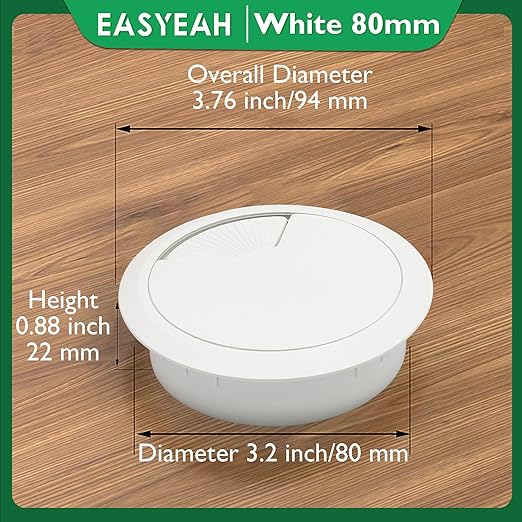 EASYEAH 2 Pcs Desk Grommet 3-1/8" / 80 mm, Desk Cord Hole Cover, Cable Grommet ABS Plastic, Desk Hole Grommet for Home & Office Pc, Detachable Adjustable Cable Cord Organizer-White