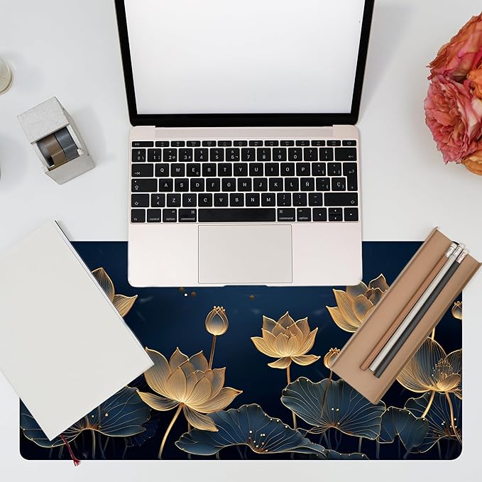 KOAIWPAE Desk Pad,Luxury Golden Lotus Line Arts Desk Mat,Dark Blue Background Large Gaming Mouse Pad for Desk,31.5"x15.7" Extended Big Computer Keyboard Mouse Pad with Non-Slip Base and Stitched Edge