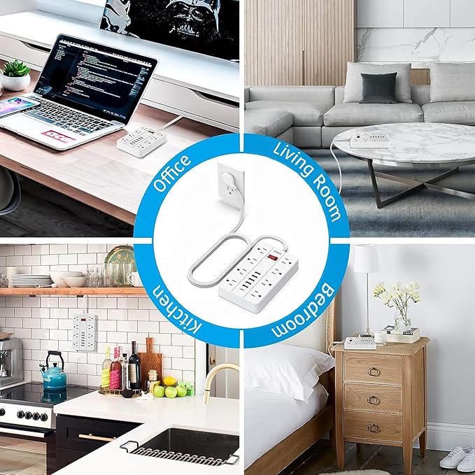 SMNICE Power Strip with USB, Power Strip Flat Plug with 8 Widely Spaced Outlets and 6 USB Ports(1 USB C), 5ft Extension Cord Wall Mountable Phone Tablet Laptop Computer Multiple Devices