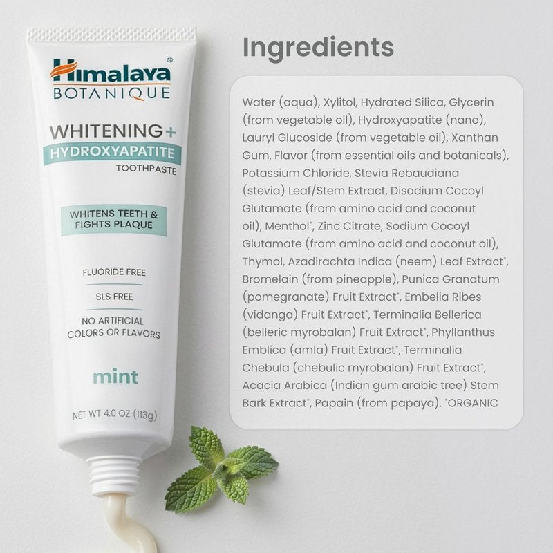 Himalaya Fluoride Free Botanique Whitening Nano Hydroxyapatite Toothpaste, Support Enamel Strength & Integrity, Great for Sensitive Teeth, SLS Free & Vegan, Mint, 4 oz (Pack of 4)