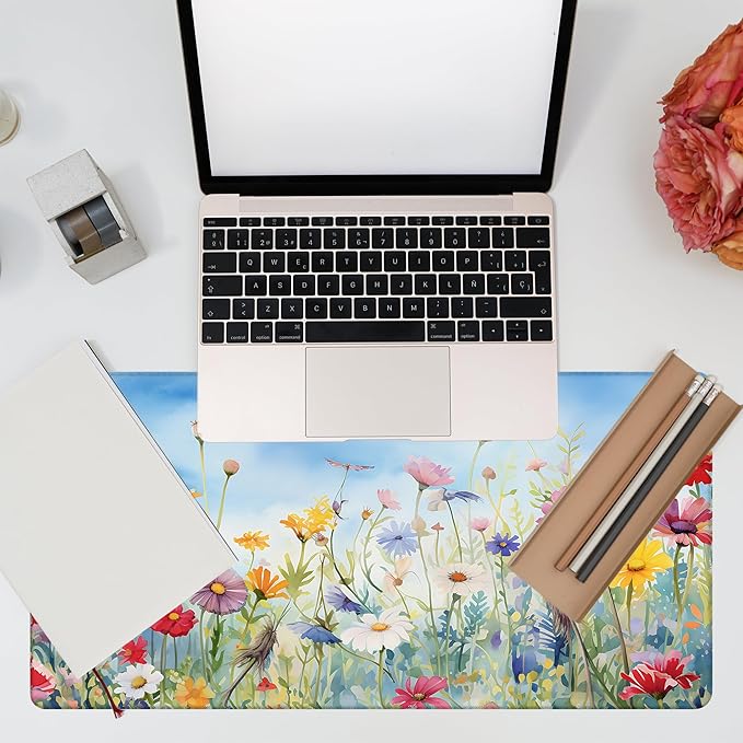 KOAIWPAE Large Gaming Mouse Pad, Colorful Wildflowers in Field Desk Mat, Watercolor Flowers Desk Pad, 31.5"x15.7" Extended Big Computer Keyboard Mouse Pad with Non-Slip Base and Stitched Edge