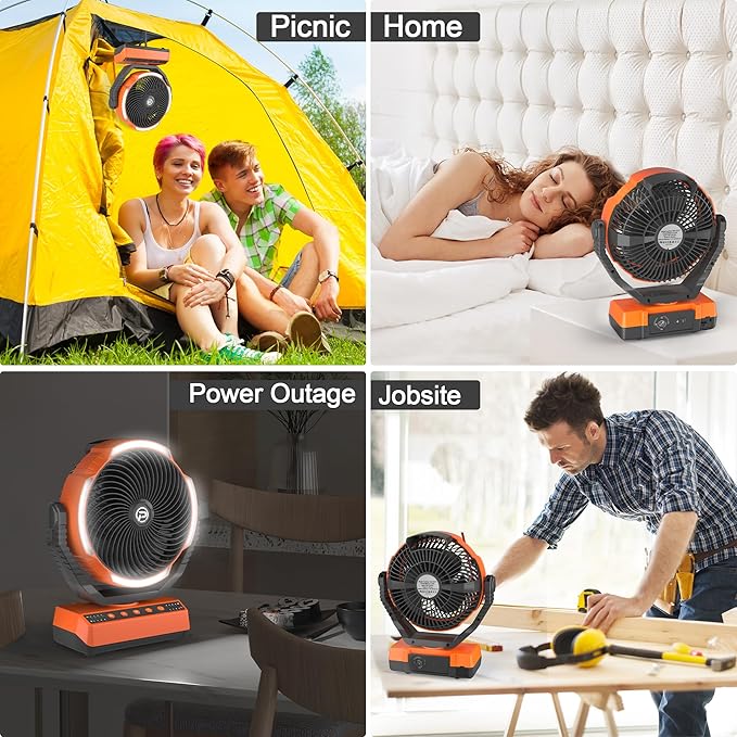 Camping Fan with Light - 20000mAh Rechargeable Battery Fan, 110Hrs Run Time, 4 Speeds, 8H Timers, 110° Auto Oscillation & 270° Pivot Tent Fan with Hook for Camping Power Outage, Hurricane(no adapter)