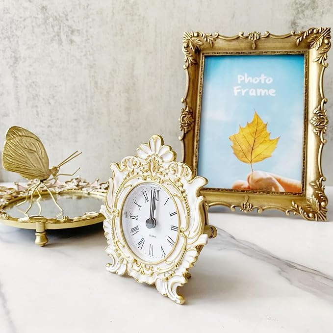 Pewery Decorative Mini Table Clock, Vintage Metal Silent Analog Quartz Battery Operated Table Top Clock for Living Room Decor Shelf