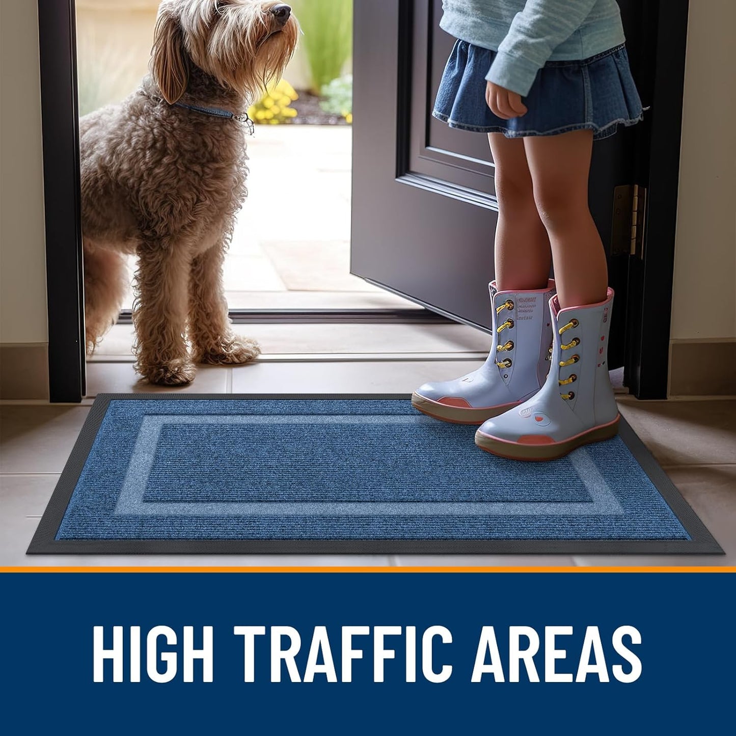 OLANLY Indoor Outdoor Front Door Mat - Waterproof All-Season Doormat, Sturdy Rubber, Easy Clean | 35x23, Light Blue