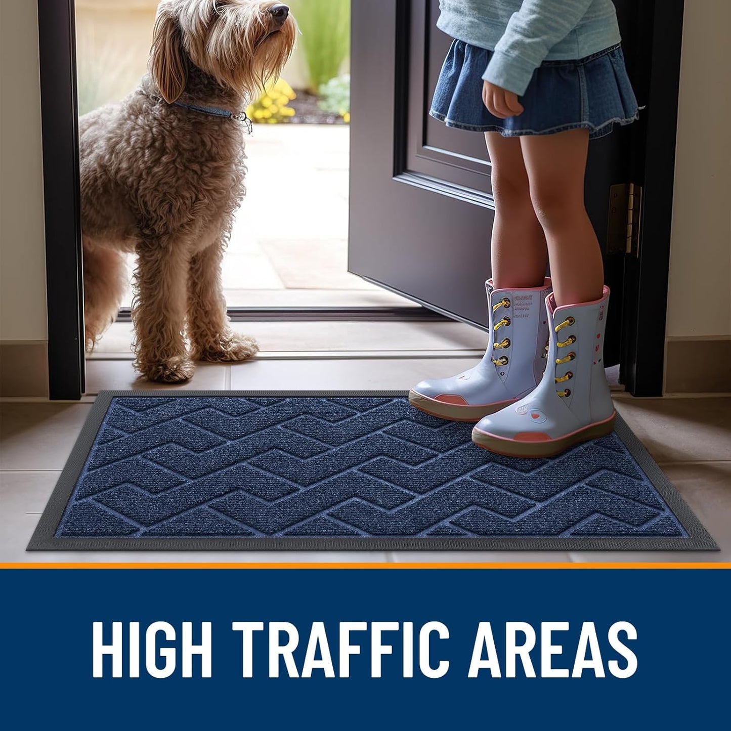 OLANLY Waterproof Front Door Mat - All-Season Herringbone Design, Easy Clean, Natural Rubber | Blue, 71x47