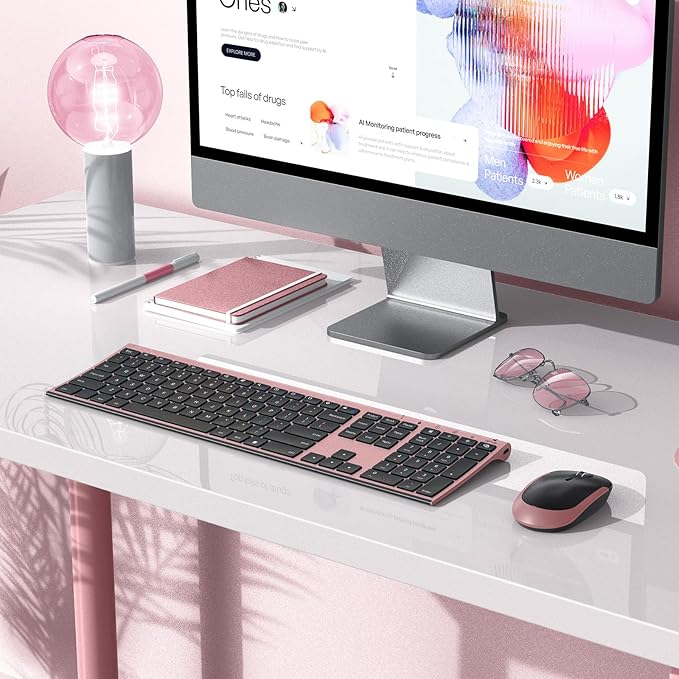 Wireless Keyboard Mouse, Vssoplor Silent Full-Size Rechargeable Combo Set Slim Design for PC, Laptop, Desktop-Black and Rose Gold