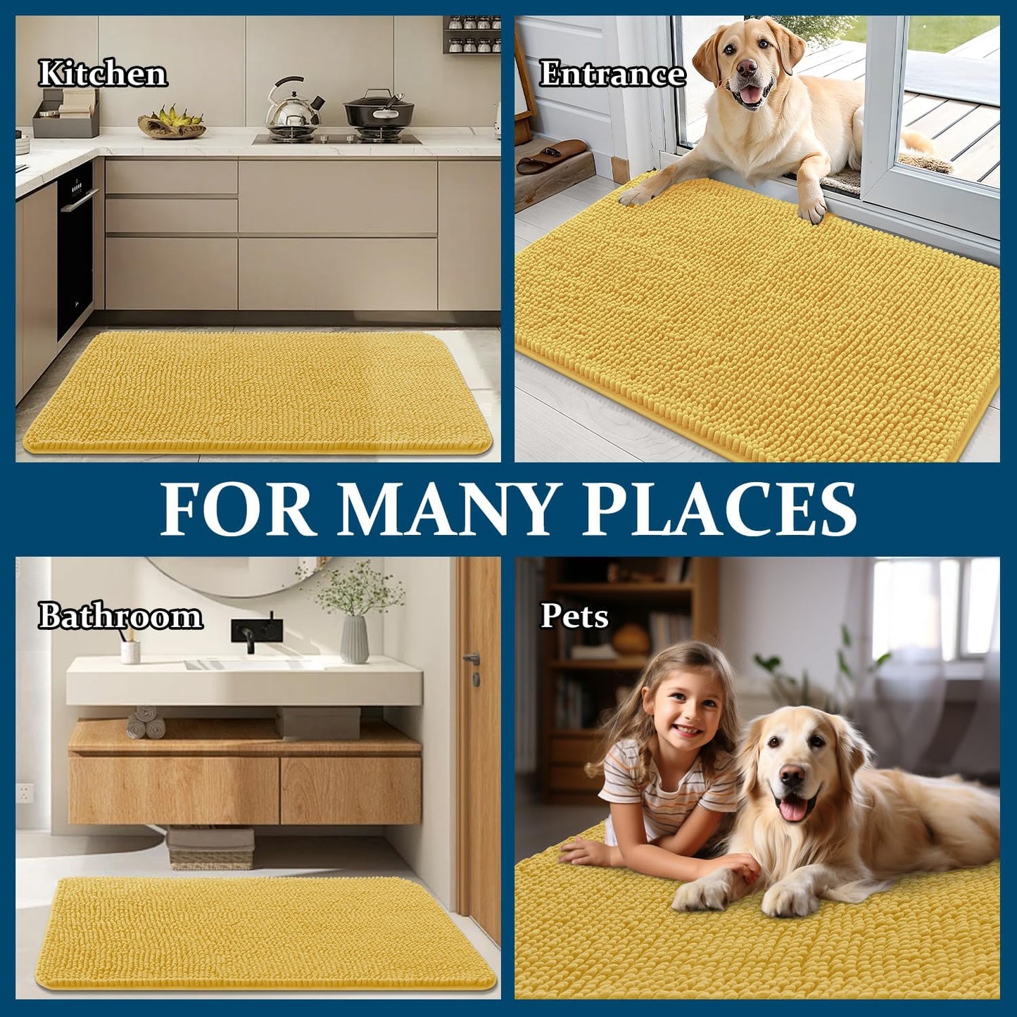 OLANLY Dog Door Mat - Absorbent Non-Slip Chenille Mat for Muddy Paws | 34x21 Inches, Quick Dry, Yellow