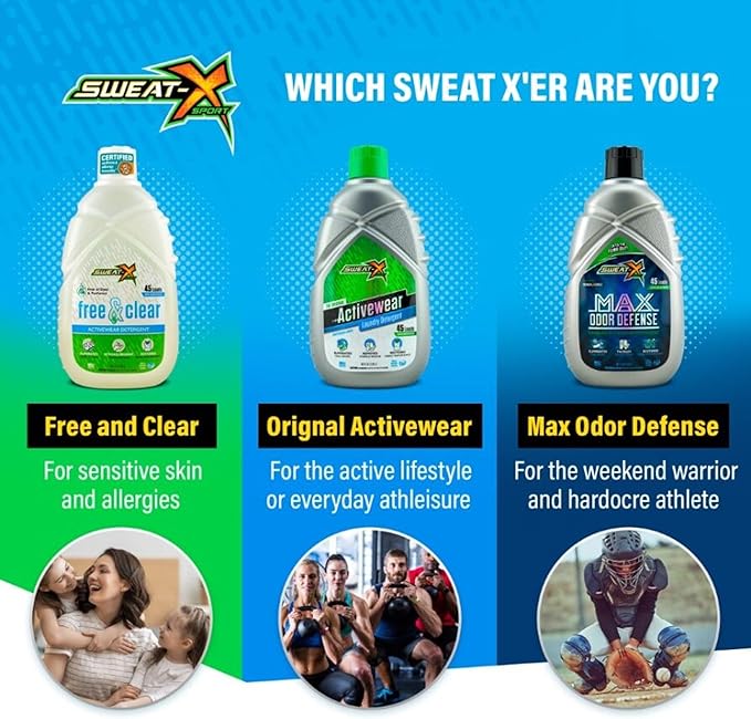 SWEAT X Max Odor Defense Laundry Detergent Liquid - Natural Washing Detergent for Activewear & Gym Clothes - Laundry Detergent for Sensitive Skin - Concentrated Detergent, 45 Loads/Bottle (2 Bottles)