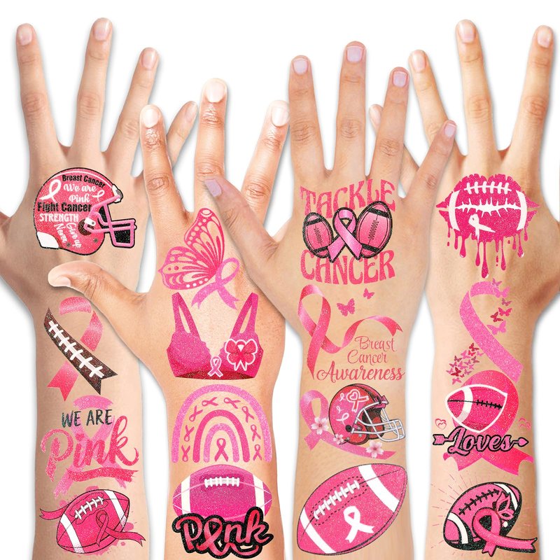 HOWAF 72pcs Breast Cancer Awareness Temporary Tattoos, Glitter Pink Out Football Tattoos, Football Pink Ribbon Themed Tattoos Stickers for Breast Cancer Month Charity Event Supplies Favors