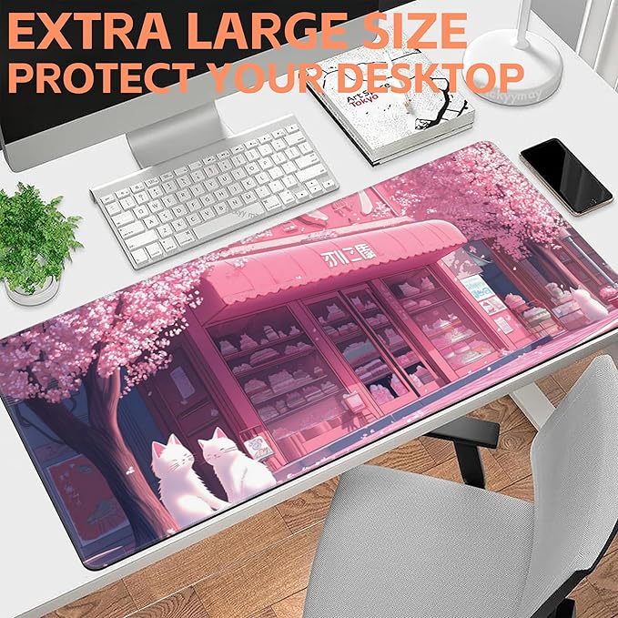 NIYLYNSYN Mouse Pad Large Cake Shop and White Cats Non-Slip Gaming Desk Mat with Stitched Edge Laptop Keyboard Desk Pad for Work Home Gaming (35.4 x 15.7 Inches)