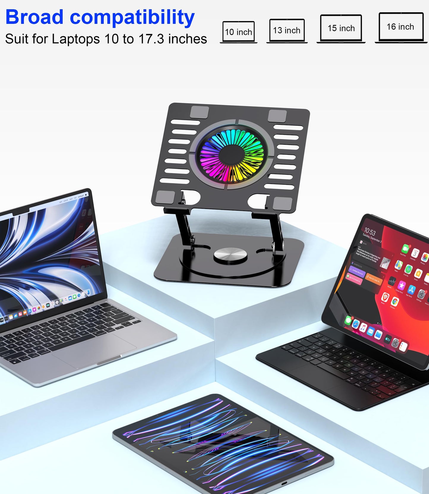 YTech Laptop Stand,with 360°Rotating Base,External Cooling Fan,Adjustable RGB Lighting,Ergonomic Foldable Notebook Computer Holder.Compatible with All 10-17" Laptops Tablets,Black