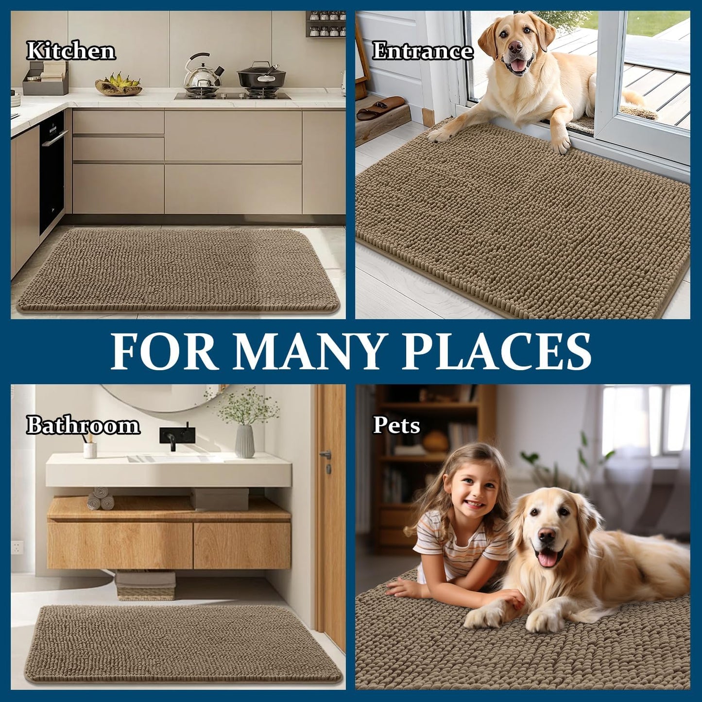 OLANLY Dog Door Mat - Absorbent Non-Slip Chenille Mat for Muddy Paws | 32x20 Tan Indoor Entryway Carpet