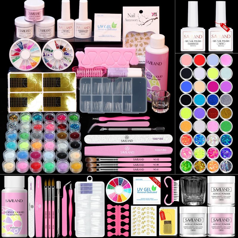 Saviland Acrylic Nail Kit â 61 in 1 Nail Kit Set Full Acrylic Powder Set with Everything Nail Supplies Acrylic Nail Liquid Nails Tips & Glue for Beginners Nail Extension French Manicure Home DIY