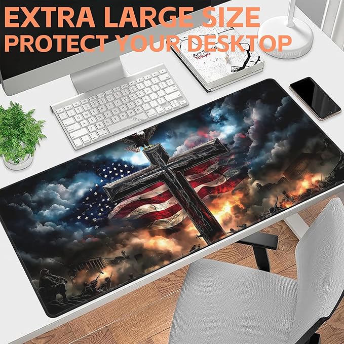 NIYLYNSYN Mouse Pad Large A Cross with an Eagle Non-Slip Game Desk Mat with Stitched Edge Laptop Keyboard Desk Pad for Work Home Gaming (35.4 x 15.7 Inches)