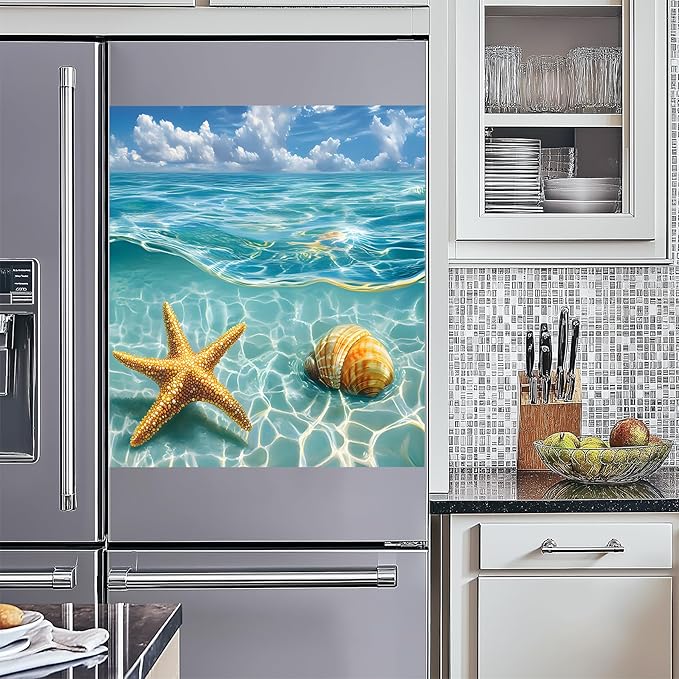 NYZE Dishwasher Magnets Cover, Dishwasher Magnetic Sticker Decorative, 23 x 26 Inch Reusable Dish Washer Cover for Dishwashers (Starfish & Seashell)