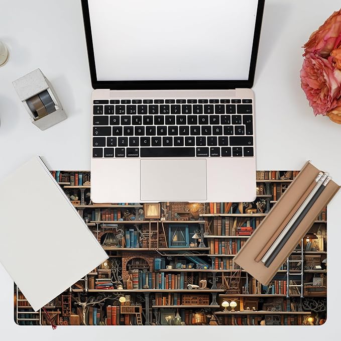 KOAIWPAE Desk Pad, Fantasy Shelves Desk Mat, Shelves Full of Books Large Gaming Mouse Pad for Desk, 31.5"x15.7" Extended Big Computer Keyboard Mouse Pad with Non-Slip Base and Stitched Edge