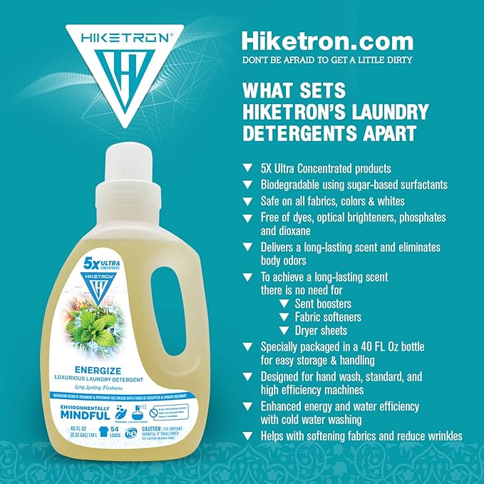 Hiketron Energize Liquid Laundry Detergent, 5x Ultra Concentrated, Tough Stains, Long Lasting Scent (80 Fl Oz, Pack of 2)
