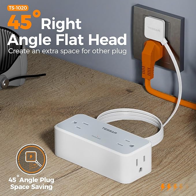 TESSAN Flat Plug Extension Cord 10 FT, Surge Protector Power Strip with 4 AC Outlets, 900 Joules Protection, Multiple Wall Outlet Extender Suitable for Office Dorm, Grey