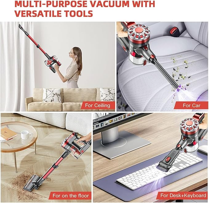 WLOTPO Cordless Vacuum Cleaner for Home, Lightweight Stick Vacuum Cordless Rechargeable with Power Suction, Up to 35 Mins Runtime, Hardwood Floor Vacuum for Pet Hair, Carpets, Tile(Light Red)