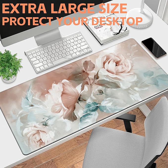 NIYLYNSYN Mouse Pad Large Rose and Leaves Non-Slip Game Desk Mat with Stitched Edge Laptop Keyboard Desk Pad for Work Home Gaming (35.4 x 15.7 Inches)