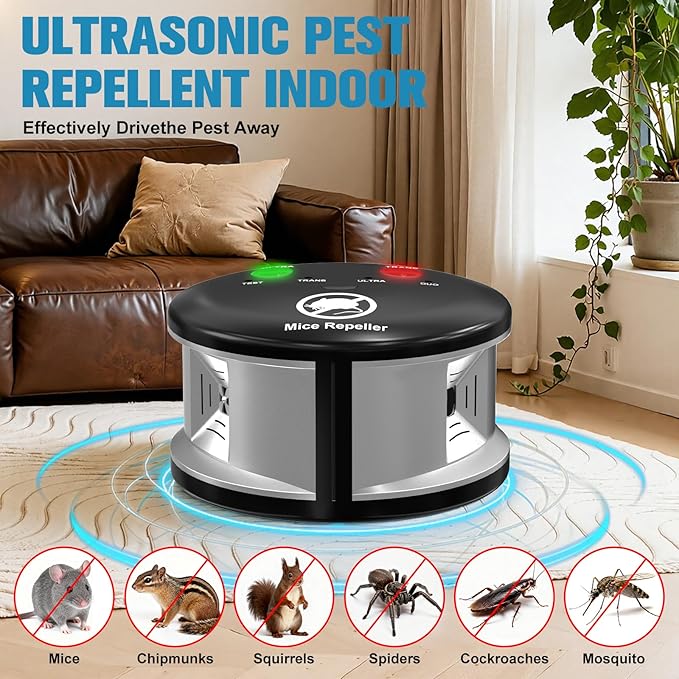 Ultrasonic Pest Repellent Indoor Home Mouse & Rodent Repeller Electronic Plug-in 360° Squirrels Deterrent with LED Strobe Light Pest Control Device for Attic House Kitchen Office Warehouse RVS