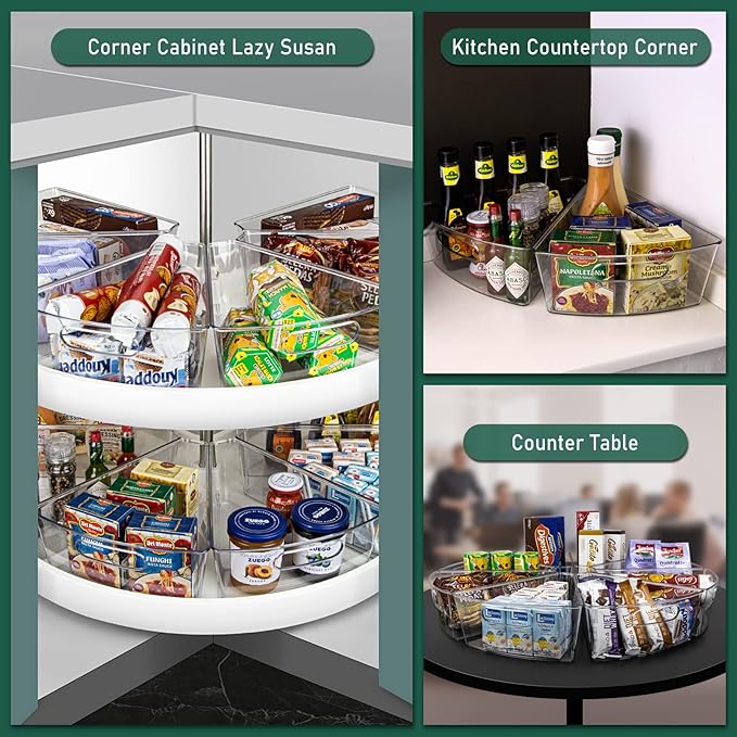 Lazy Susan Cabinet Organizer Bins for 26"/ 28"/ 32" Diameter Corner Organizer, Plastic Cabinet Storage Bin, 1/8 Wedge - Food Safe, BPA Free, with Non-Slip Pads (for 32" Diameter, 6 Pack)