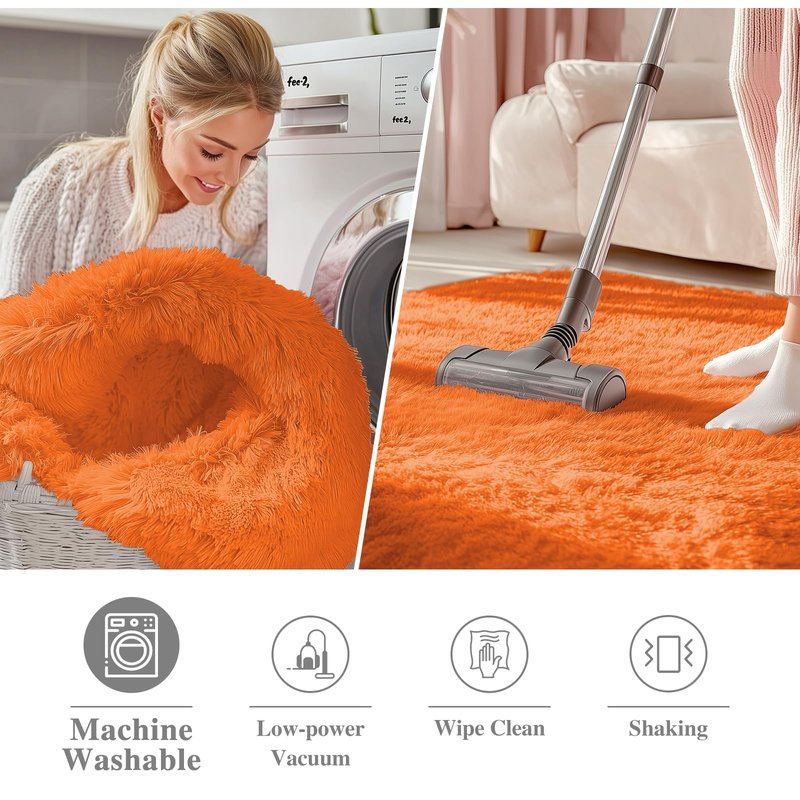 OLANLY Orange Round Rugs for Bedroom - Machine Washable, 4 ft Circle Area Rugs for Living Room, Soft and Fluffy Shaggy Carpet for Teen Girl and Boys, Nursery Rooms, Dorms, Home Decor Aesthetic