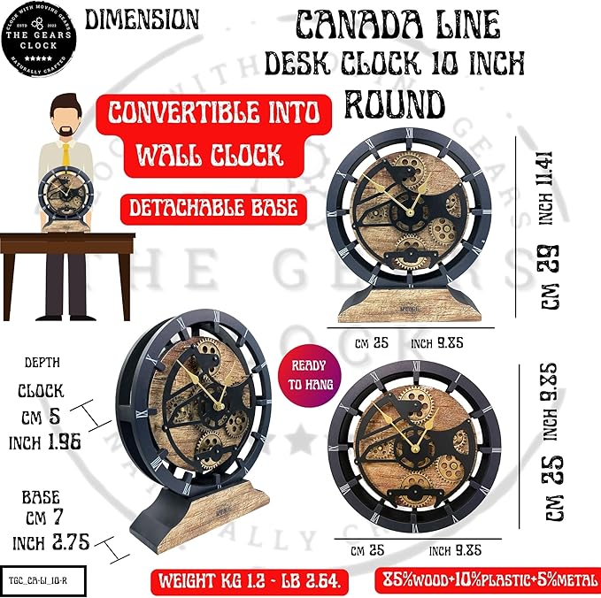 ImprovingLife The Gears Clock Desk Clock 10 inches with Real Moving Gears Convertible into Wall Clock (White Farmhouse)