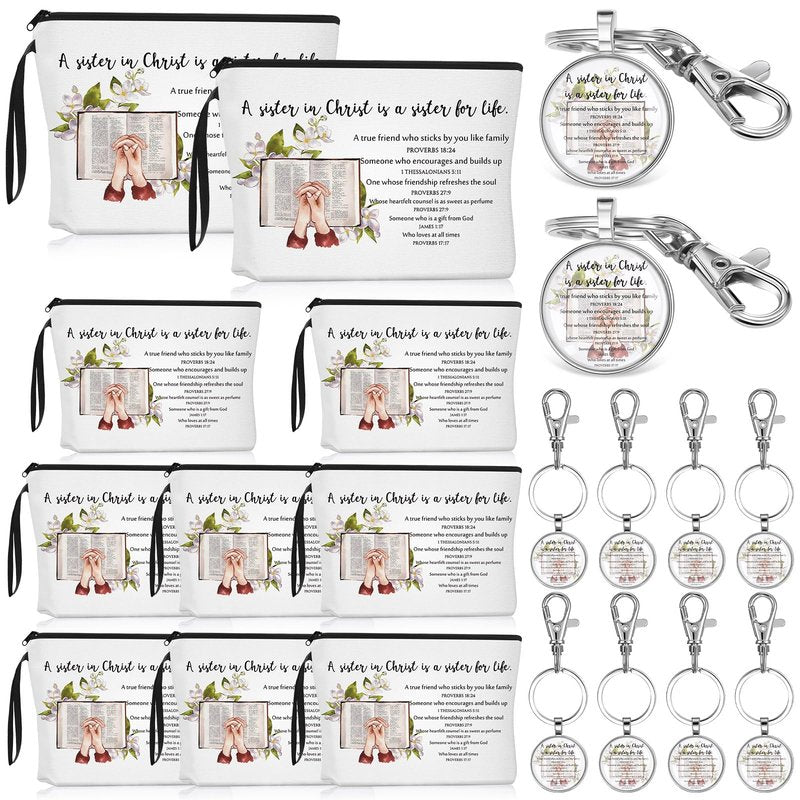 Dansydaisy 32 Pcs 8/16 Set Sister in Christ Gifts Secret Sister Gifts Makeup Bag Bible Verse Keychains for Friends Birthday Gift