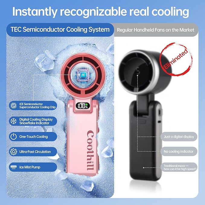 Coolhill Pro Handheld Portable Fan with Ice Cooler: 199-Speed 5500mAh Rechargeable Handheld Fan, 12H Time Hand Cooling Personal Fans with 20000 RPM Air Turbo Tech for Travel Outdoor (Pink)