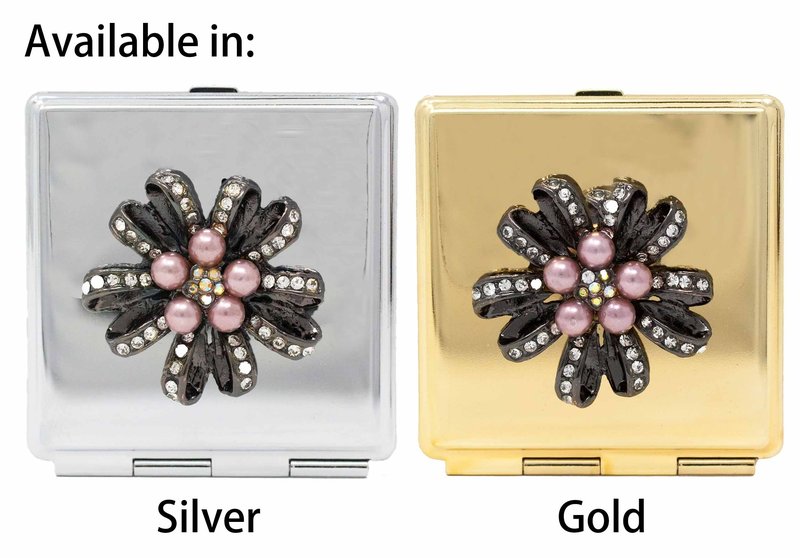 Folding Compact Pocket Makeup Mirror With Swarovski Rhinestone Crystals Double Sided (5x magnification + 1x magnification) (Golden Flower (Square))