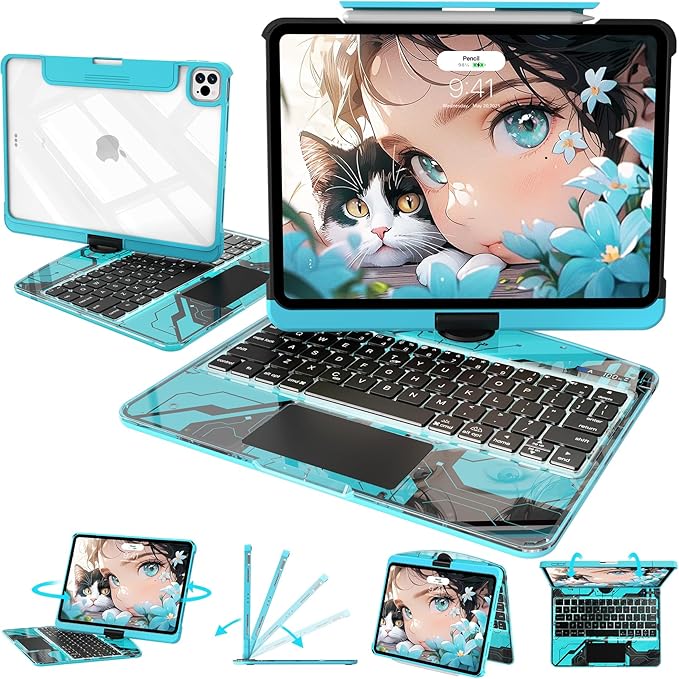 Intermerge Transparent Keyboard Case for iPad Pro 13"(M5,2025/ M4,2024), 360° Swivel Multi-Touch Trackpad, 7-Color RGB Backlit, Pencil Holder, Type-C, Power Indicator, Aqua Pulse