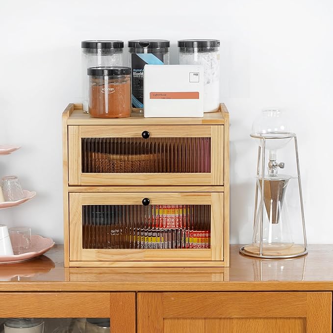Sunhoo Bread Box for Kitchen Countertop Wooden Bread Storage Container Bin 2 Layer Breadbox Holder Large Capacity Keeper Vintage Farmhouse Food Organizer Pantry Shelf Acrylic Windowï¼Wood colorï¼