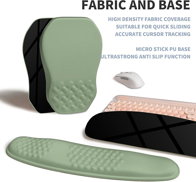 Gleamtide 2-in-1 Ergonomic Set, Wave Keyboard Wrist Rest and Massage Slope Mouse Pad Wrist Support, Rebound Memory Foam for Relieve Carpal Tunnel Syndrome and Wrist Pain (Olive Green)