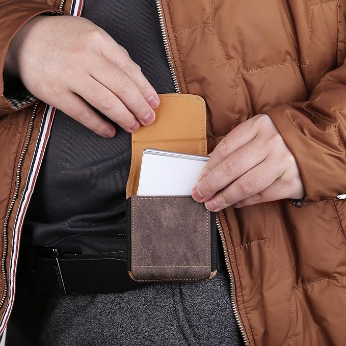 Bourisen Universal Phone Holster Phone Pouch Case Belt Clip Belt Loops Card Slot Faux Leather For Man for Samsung Galaxy Z Flip 5/4/3 Motorola Razr Plus Razr+ 2023 (Brown&Yellow, XS(3.7"x3.1"x1.1"))