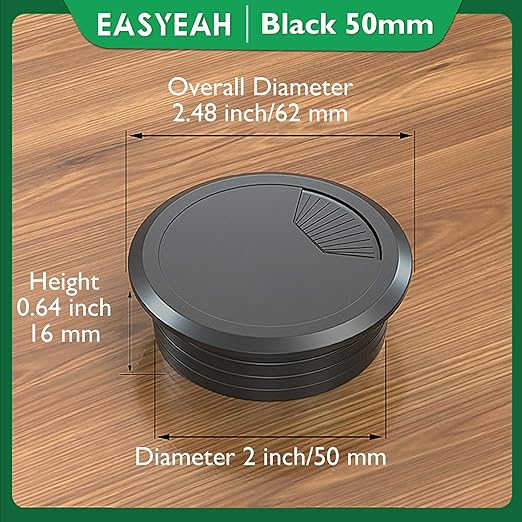 EASYEAH 10 Pcs Desk Grommet 2" / 50 mm, Desk Cord Hole Cover, Cable Grommet ABS Plastic, Desk Hole Grommet for Home & Office Pc, Detachable Adjustable Cable Cord Organizer-Black