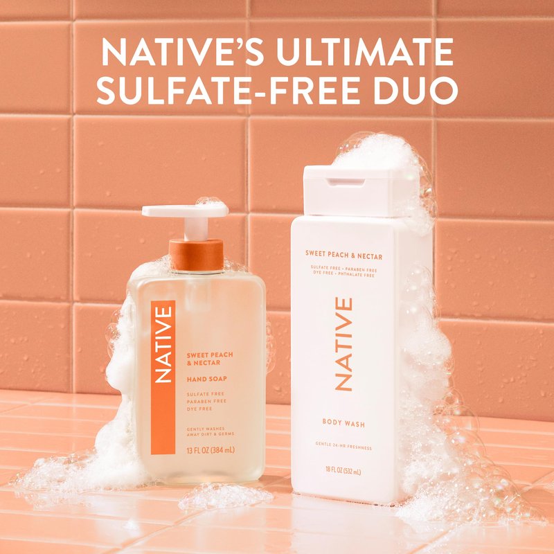 Native Sweet Peach & Nectar Scent 24-Hr Refreshing Clean Body Wash for Women & Men, for All Skin Types Incl. Sensitive, Leaves Skin Feeling Clean & Soft, with Gourmand Fragrance, 18 oz