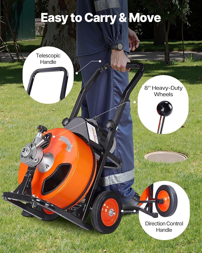 VEVOR Drain Cleaning Machine 50 FT x 1/2 Inch, Sewer Auger Auto Feed with 4 Cutter & Air-activated Foot Switch for 1" to 4" Pipes, Orange, Black