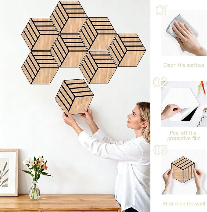 Mollywell Acoustic Panels, PVC Wood-Grain, 14x12 Inch Hexagon Carved Sound Proof Wall Tiles, Self-Adhesive High Density Felt for Home Theater/Studio/Office Echo Reduction, 12 Pack Natural Oak,TW4
