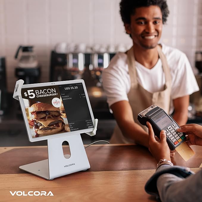 Volcora Anti-Theft Tablet Stand iPad Kiosk Stand with Lock, White 10-13'' iPad Stand for Desk, Swivel, Adjustable iPad Holder for Desk, iPad Mount for Desk for POS Register, Retail Business, Cashier
