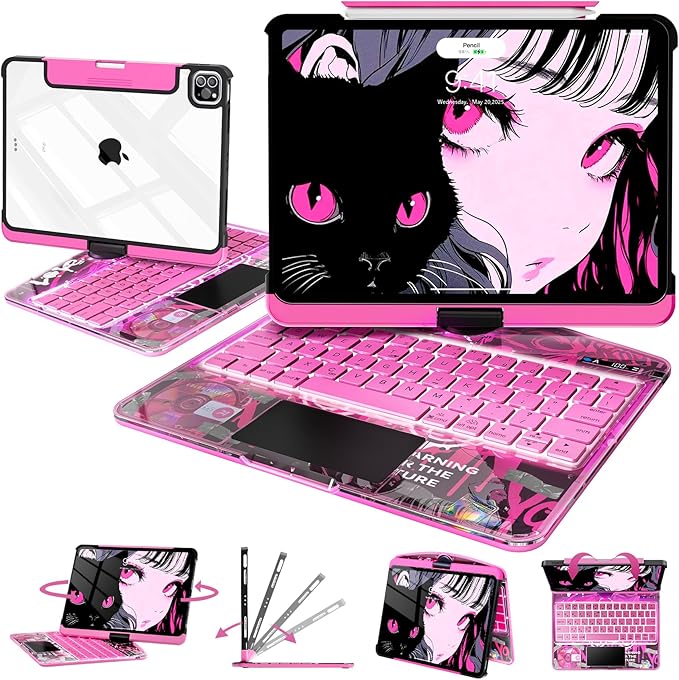 Intermerge Clear Keyboard Case for iPad Pro 13"(M5,2025/ M4,2024), 360° Swivel Multi-Touch Trackpad, 7-Color RGB Backlit, Pencil Holder, Type-C, Power Indicator, Blush Pulse