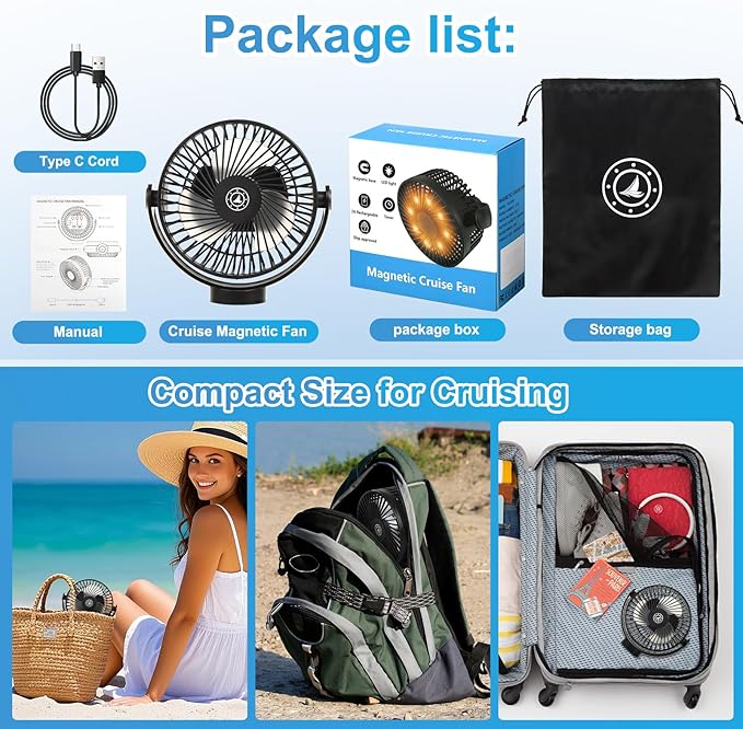 Fanopera Magnetic Cruise Fan with 12000mAh Battery - Portable Cabin Air Circulator, 3-Speed LED Desk Fan with Timer, Power Bank & Ceiling/Wall Mount, Cruise Ship Approved for Travel (Black)
