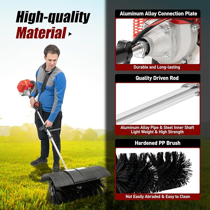 52CC Gas Handheld Sweeper Broom 2 Stroke Air Cooled Fuel Engine Gas Power Sweeping Broom Machine Heavy Duty Cleaning Driveway Tools for Artificial Turf Grass Gravel, Snow Cleaning, Road