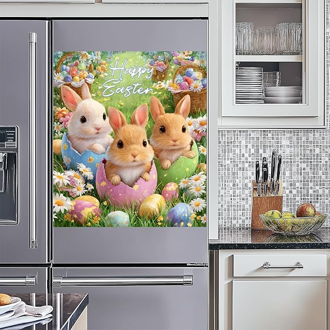 NYZE Easter Dishwasher Magnets Cover, Bunnies Eggs Dishwasher Magnetic Sticker Decorative, Reusable Dish Washer Cover for Dishwashers (Eggshell Bunnies)
