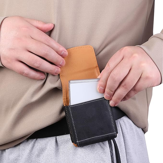 Bourisen Universal Phone Holster Phone Pouch Case Belt Clip Belt Loops Card Slot Faux Leather For Man for Samsung Galaxy Z Flip 5/4/3 Motorola Razr Plus Razr+ 2023 (Black&Yellow, XS(3.7"x3.1"x1.1"))