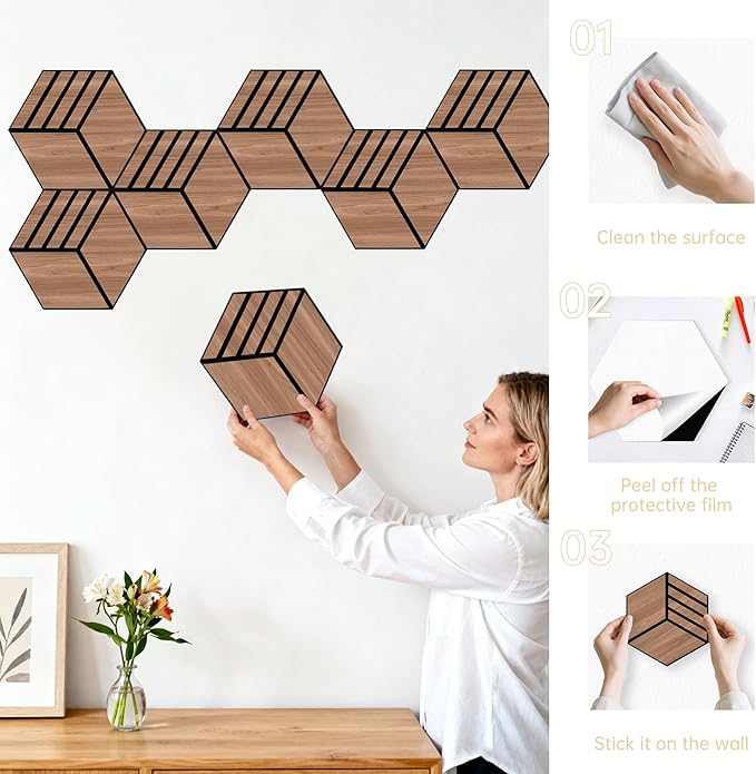 Mollywell Acoustic Panels, PVC Wood-Grain, 14x12 Inch Hexagon Carved Sound Proof Wall Tiles, Self-Adhesive High Density Felt for Home Theater/Studio/Office Echo Reduction, 12 Pack Walnut, S4