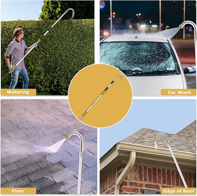 Gutter Cleaning Tools from Ground, 12FT Telescoping Pole (20FT Reach) - Heavy-Duty Zinc Alloy Head, 360° Spray Nozzle & Leak-Proof Kit, No Ladder Needed for Roof Gutters