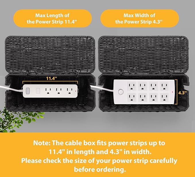 ZhiYo Rattan Cable Management Box, Black Cord Organizer, 12.5" x 5" x 5.2"