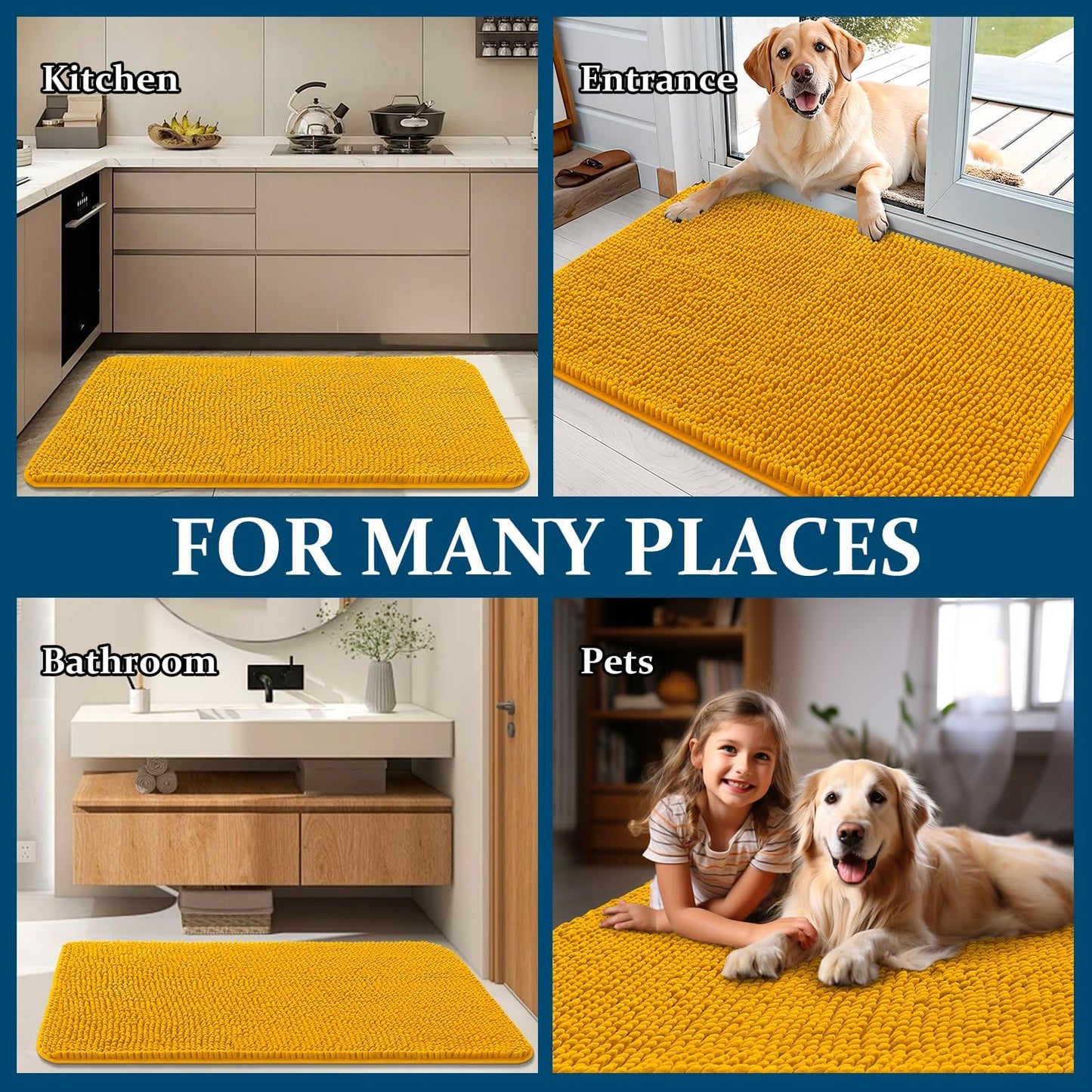 OLANLY Dog Door Mat - Absorbent Non-Slip Washable Doormat for Muddy Paws | 30x17 Inches, Golden Yellow