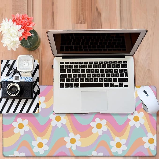 NITAHHHY Large Mouse Pad Floral and Wavy Gaming Desk Pad Computer Keyboard Non-Slip Waterproof Mouse Mat with Rubber Base and Stitched Edges Entertainment Office Writing Desk Mat 35.4 x 15.7 Inches